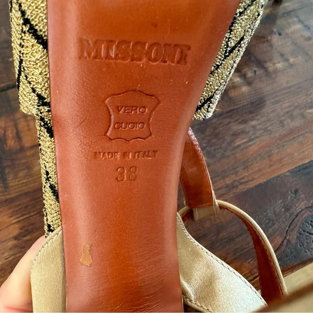 Missoni gold & black satin/knit textile T strap platform stilettos. Size 38. EUC - Picture 6 of 8